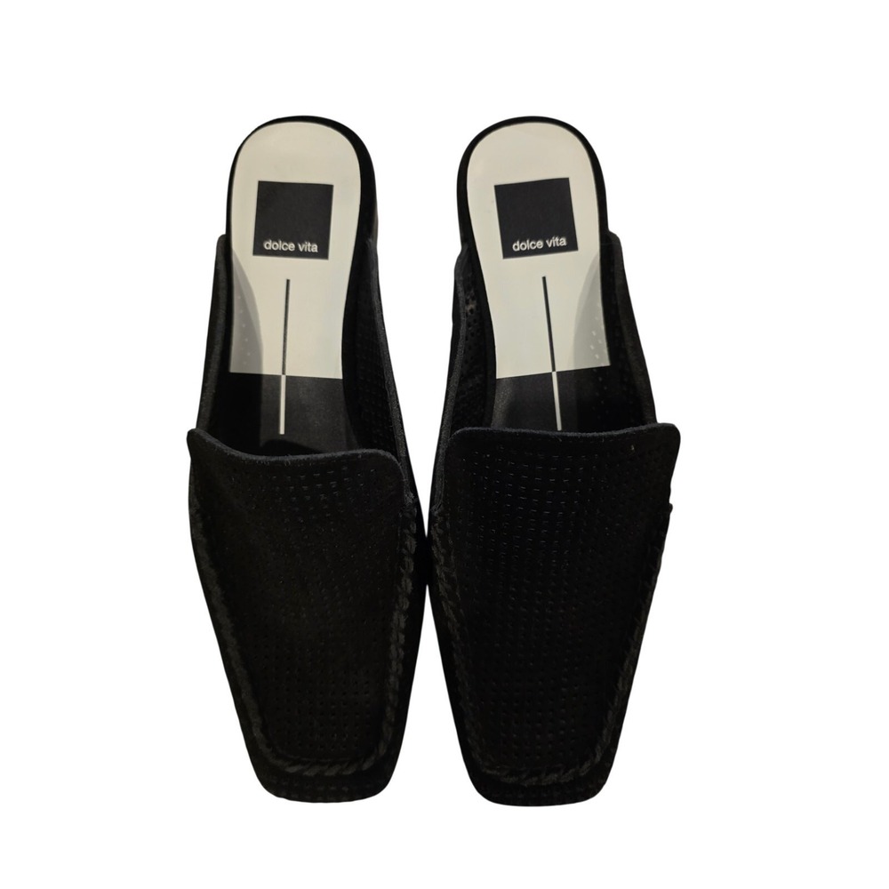 Dolce Vita Black Suede Perforated Mule Loafers Square Toe Slip On Flats Womens - Picture 7 of 12